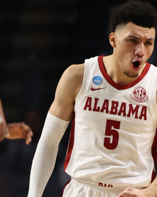 Alabama’s Jahvon Quinerly celebrates a play in the men’s NCAA tournament.